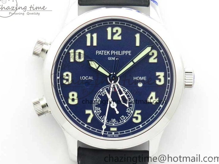 MIROTIME 0122 Practical Calatrava 5524 Pilot Travel Time SS GRF Blue Dial on Black Leather Strap A324 V 7107